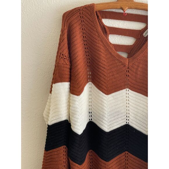 Vintage Y2K Size 3X Knit V-Neck Back Sweater Brown, Black Cream Long Sleeve Plus - Picture 3 of 9